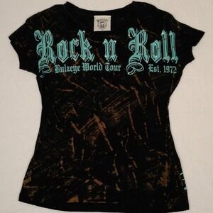 Bulzeye Rock n Roll Rhinestone Graphic Tee Distressed Black Turquoise Wings M